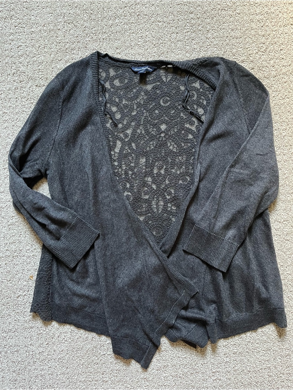 American Eagle Lace-Back Open Front Sweater Cardigan - Dark Gray